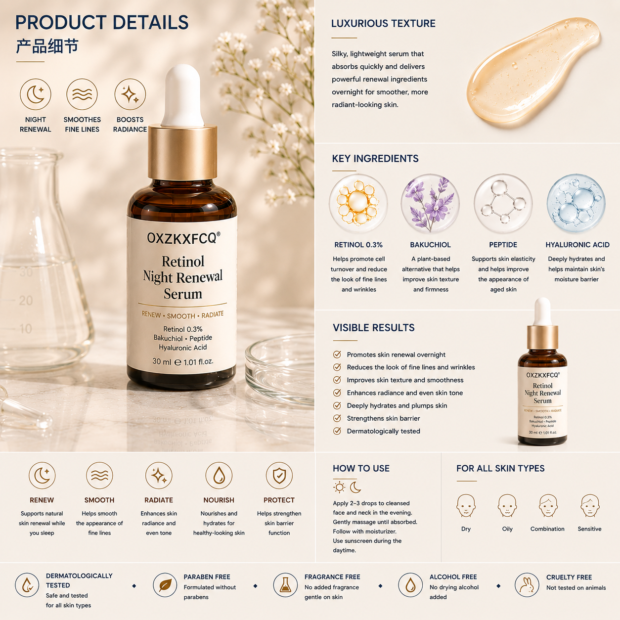 OXZKXFCQ® Sérum de renouvellement nocturne au rétinol