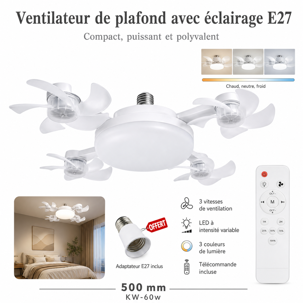 ⚡ Ventilateur lampe E27 2-en-1 avec LED & télécommande – fraîcheur et éclairage pour les journées chaudes