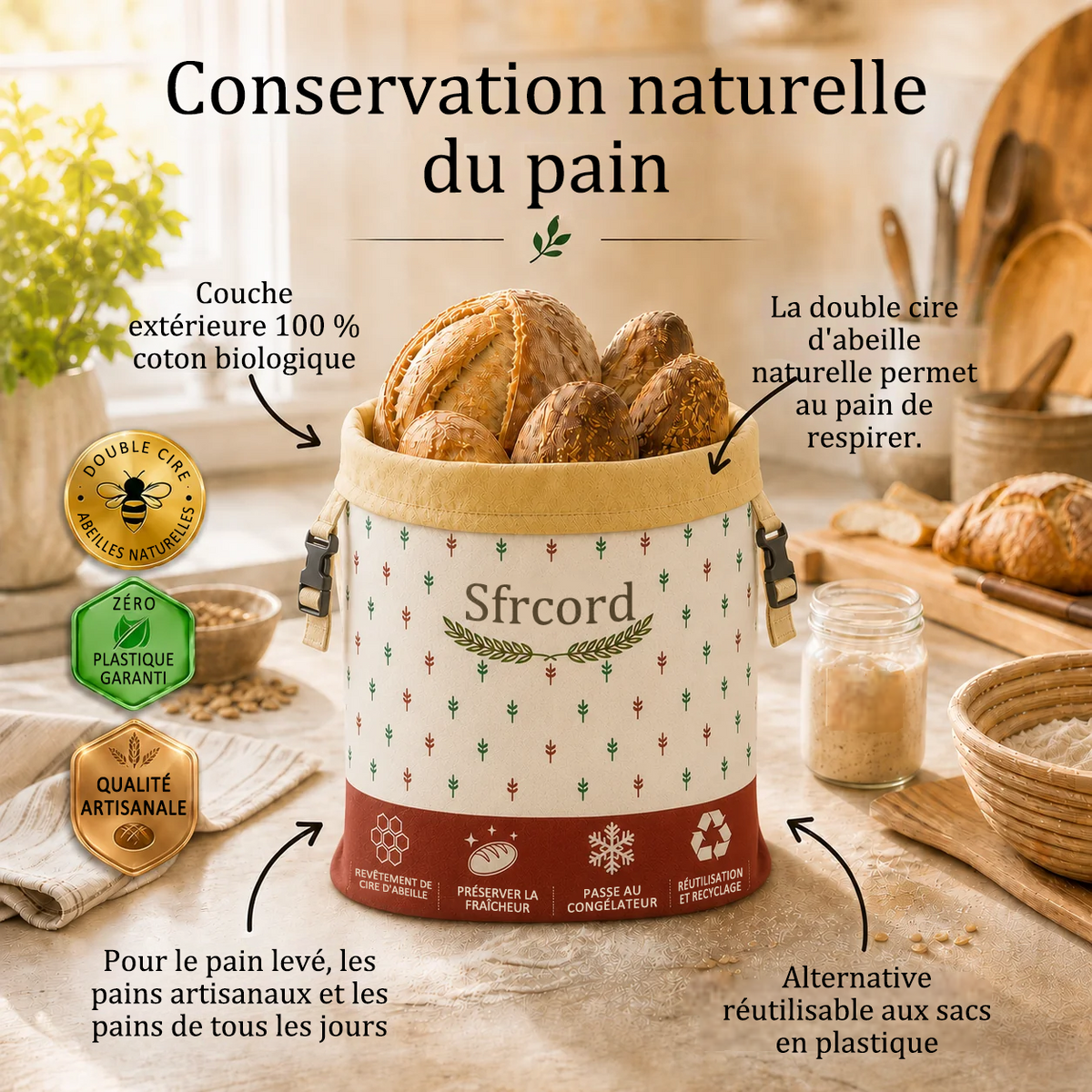 Sac à Pain Premium en Coton 100% et Cire d'Abeille