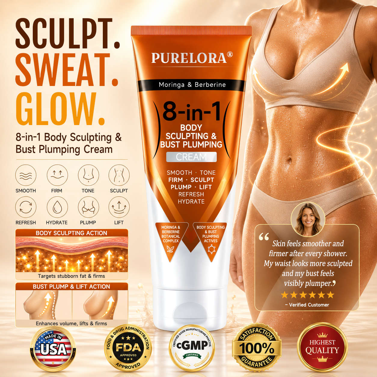 𝐎𝐟𝐟𝐢𝐜𝐢𝐚𝐥 𝐁𝐫𝐚𝐧𝐝 𝐒𝐭𝐨𝐫𝐞 | PURELORA ® Crème 8-en-1 au moringa et à la berbérine pour modeler la silhouette et repulper la poitrine : lisse · raffermit · tonifie · sculpte · rafraîchit · hydrate · repulpe · lifte