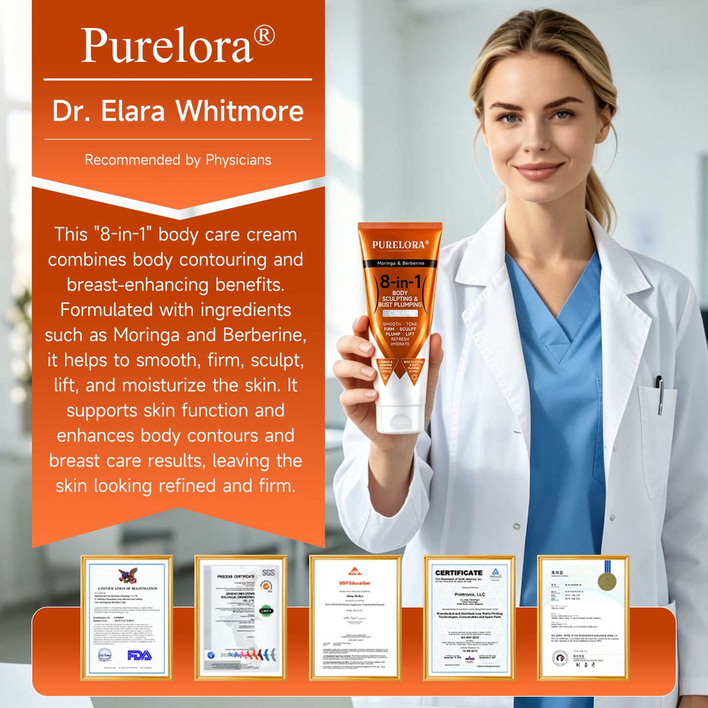 𝐎𝐟𝐟𝐢𝐜𝐢𝐚𝐥 𝐁𝐫𝐚𝐧𝐝 𝐒𝐭𝐨𝐫𝐞 | PURELORA ® Crème 8-en-1 au moringa et à la berbérine pour modeler la silhouette et repulper la poitrine : lisse · raffermit · tonifie · sculpte · rafraîchit · hydrate · repulpe · lifte