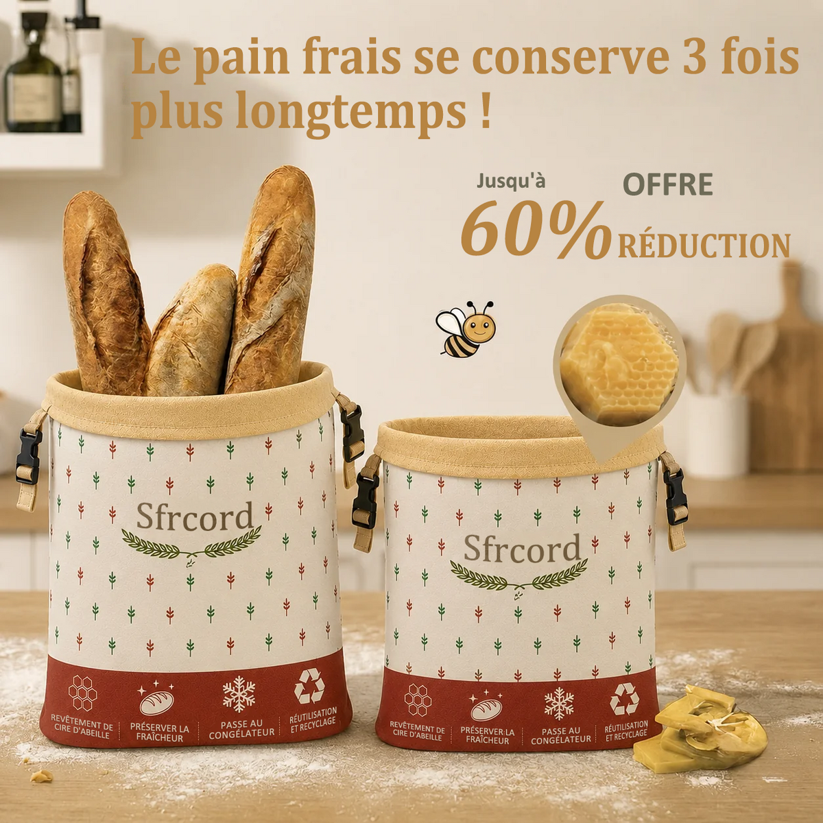 Sac à Pain Premium en Coton 100% et Cire d'Abeille
