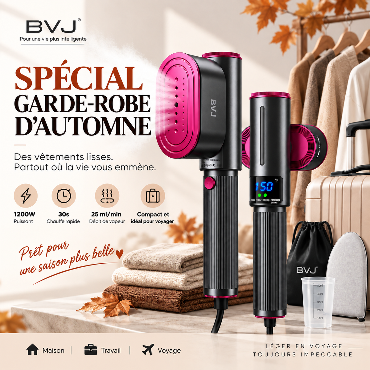 🔥 𝑫𝑬𝑹𝑵𝑰𝑬𝑹 𝑱𝑶𝑼𝑹 – 𝟖𝟎 % 𝑫𝑬 𝑹É𝑫𝑼𝑪𝑻𝑰𝑶𝑵 🔥 Défroisseur & Fer à Vapeur 2-en-1 1200W – Chauffe Rapide, Compact & Idéal pour le Voyage