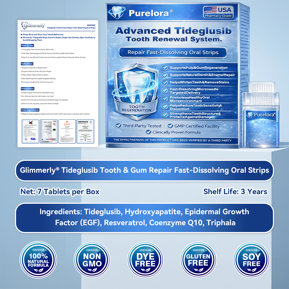 🏥 Pharmacie en ligne | Purelora® 😁 Bandes buccales à dissolution rapide au Tideglusib pour la réparation des dents et des gencives 🦷