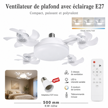⚡ Ventilateur lampe E27 2-en-1 avec LED & télécommande – fraîcheur et éclairage pour les journées chaudes
