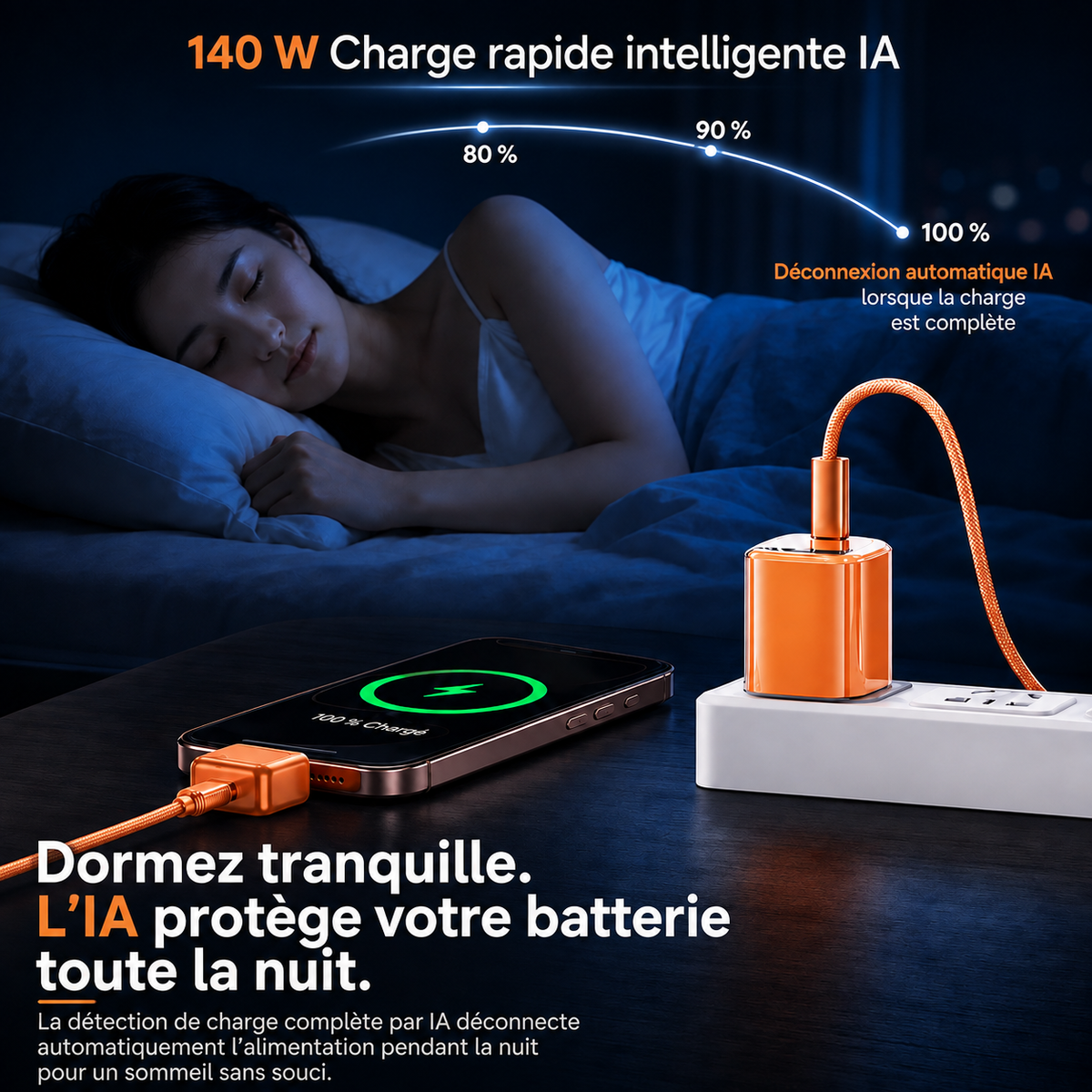 Protecteur de charge USB-C 140 W avec IA et arrêt automatique à pleine charge