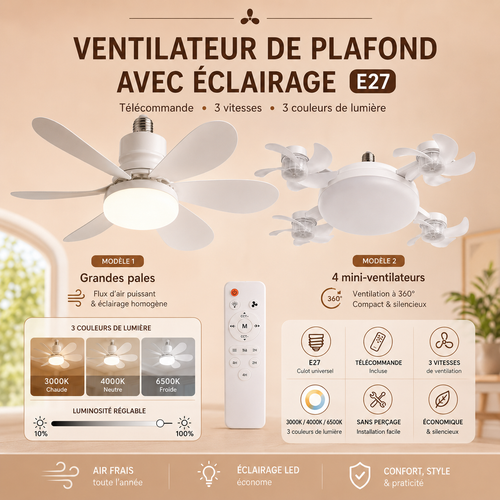 ⚡ Ventilateur lampe E27 2-en-1 avec LED & télécommande – fraîcheur et éclairage pour les journées chaudes
